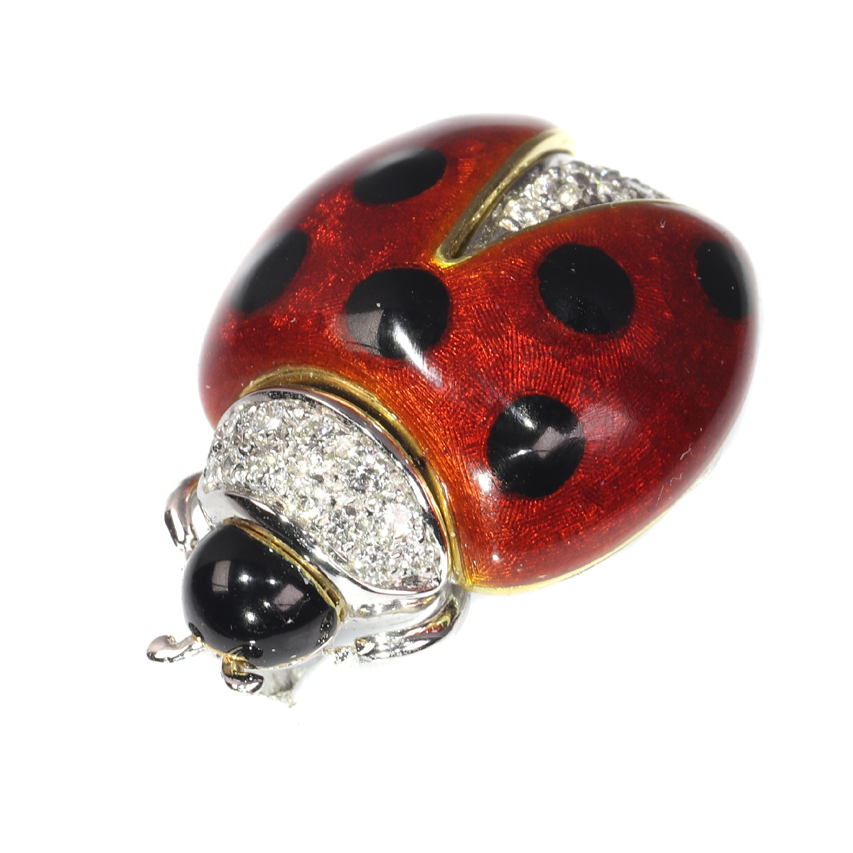 Vintage enameled gold ladybug brooch with diamonds